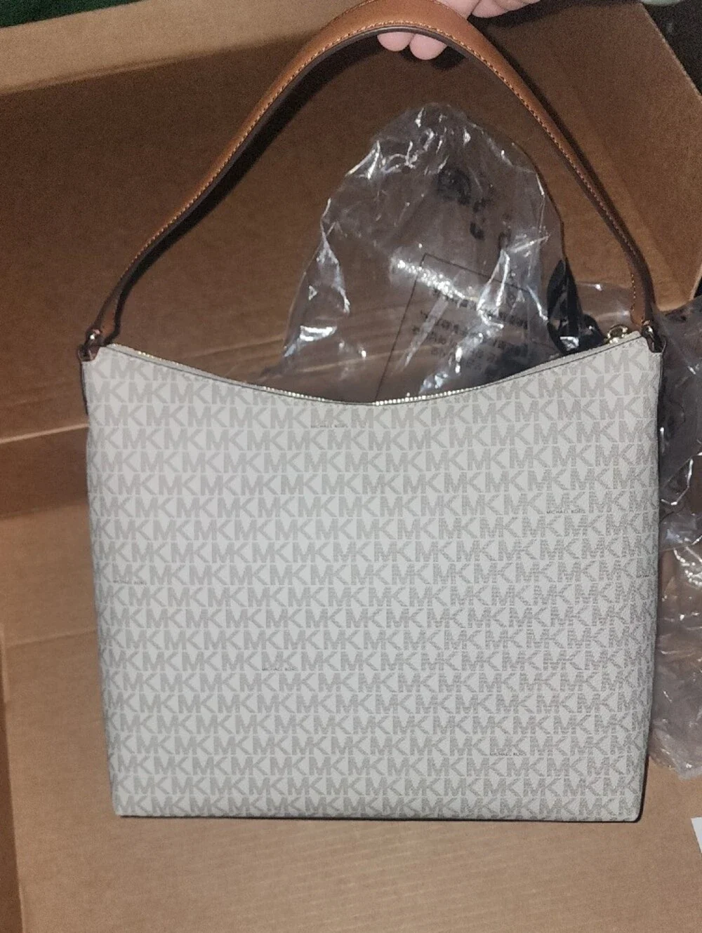Michael Kors Cream MK Logo Shoulder Bag with Tan Trim